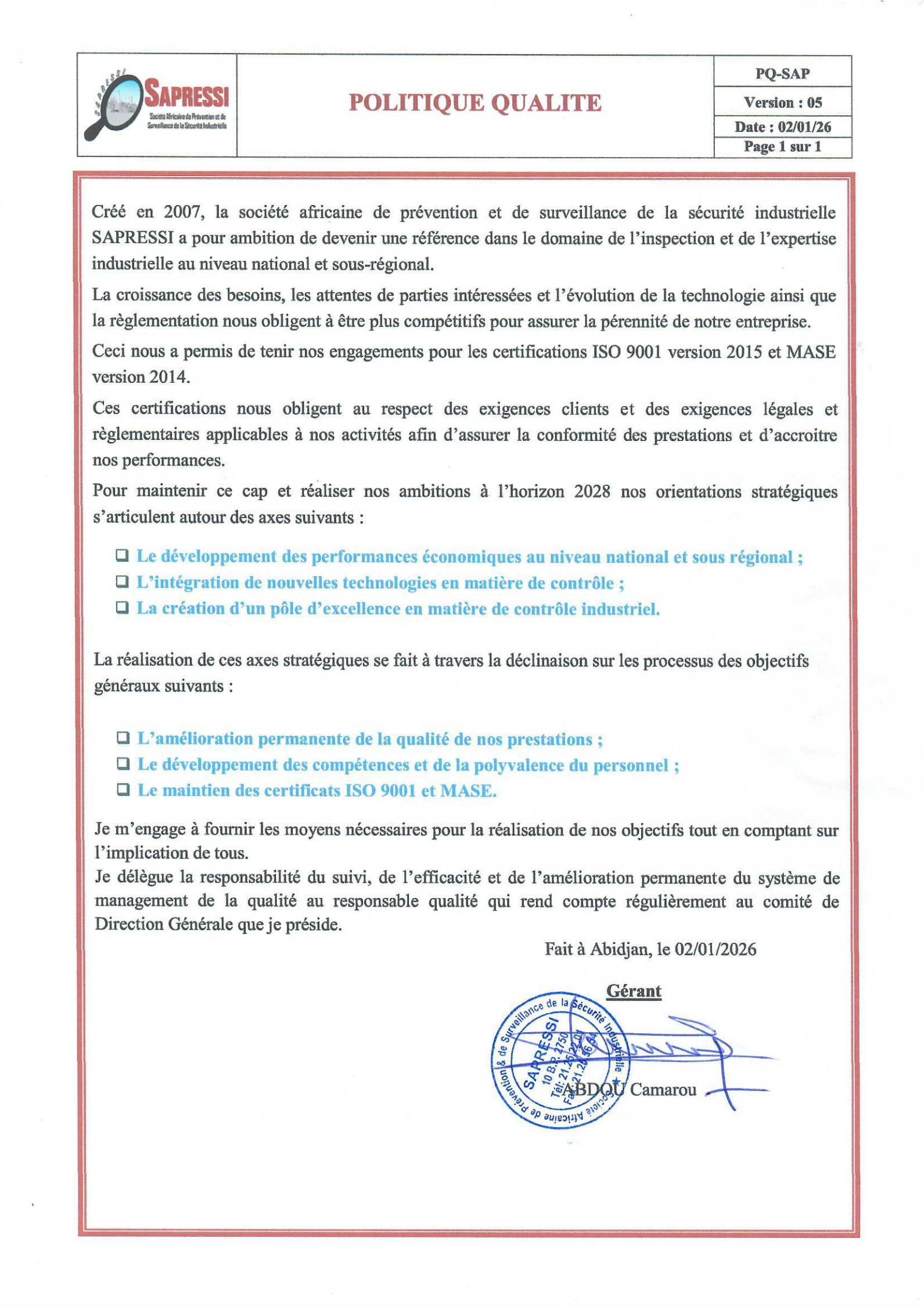 Politique Qualité SAPRESSI